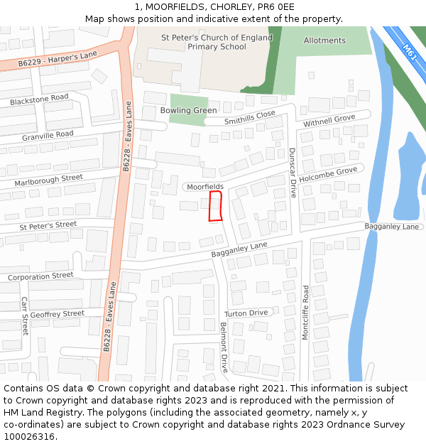 1, MOORFIELDS, CHORLEY, PR6 0EE: Location map and indicative extent of plot