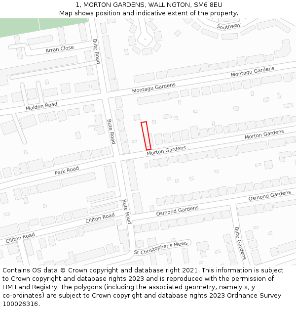 1, MORTON GARDENS, WALLINGTON, SM6 8EU: Location map and indicative extent of plot