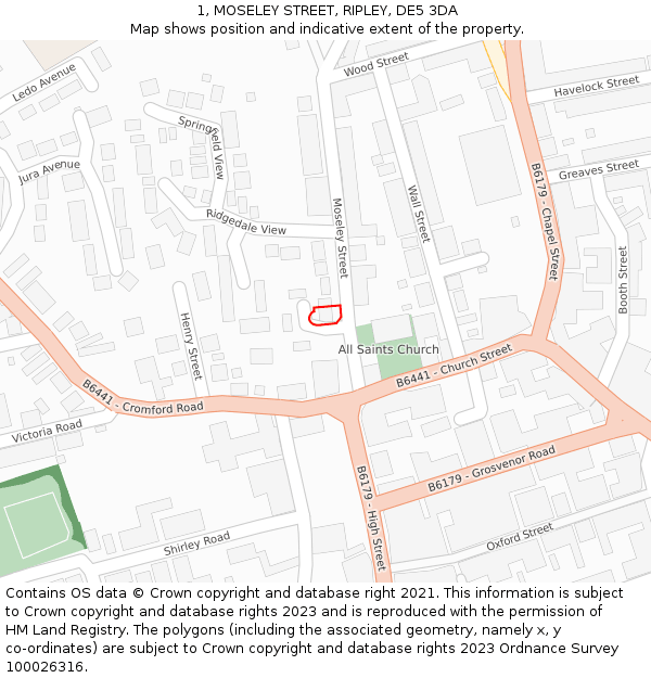 1, MOSELEY STREET, RIPLEY, DE5 3DA: Location map and indicative extent of plot