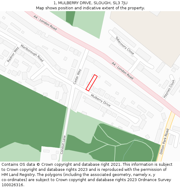 1, MULBERRY DRIVE, SLOUGH, SL3 7JU: Location map and indicative extent of plot