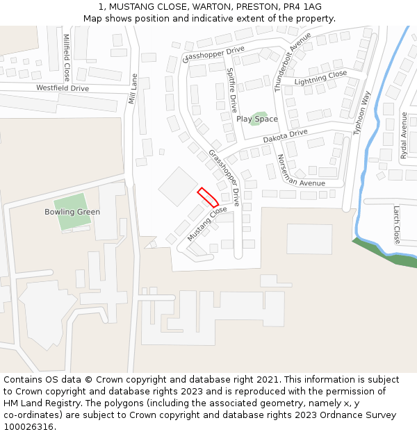 1, MUSTANG CLOSE, WARTON, PRESTON, PR4 1AG: Location map and indicative extent of plot
