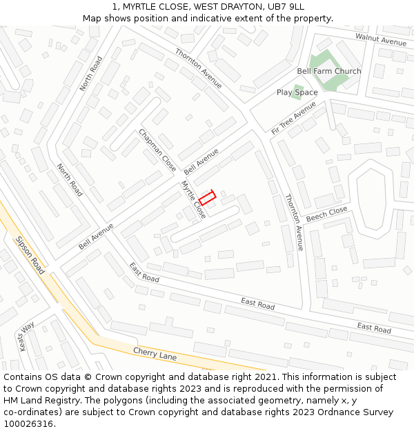 1, MYRTLE CLOSE, WEST DRAYTON, UB7 9LL: Location map and indicative extent of plot