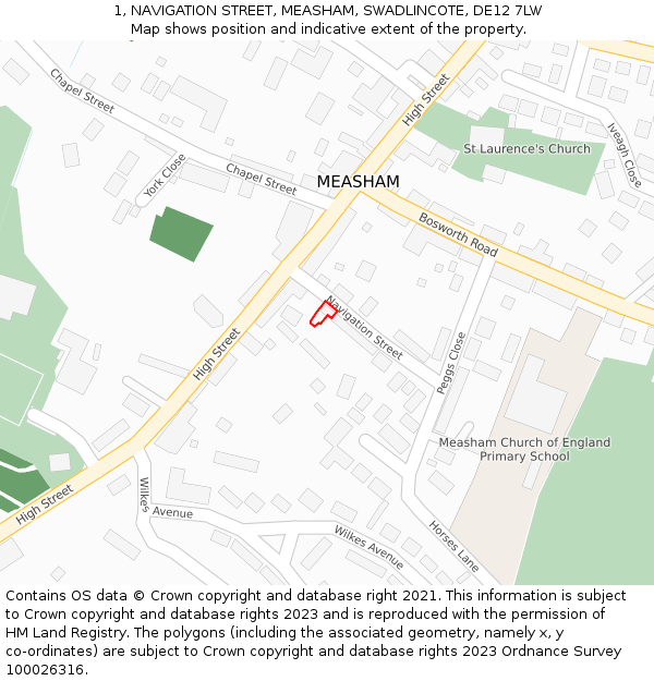 1, NAVIGATION STREET, MEASHAM, SWADLINCOTE, DE12 7LW: Location map and indicative extent of plot