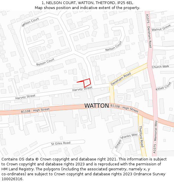1, NELSON COURT, WATTON, THETFORD, IP25 6EL: Location map and indicative extent of plot
