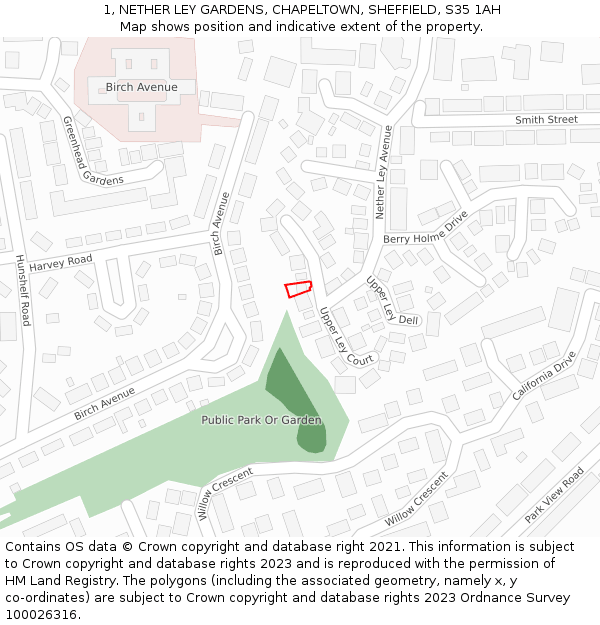 1, NETHER LEY GARDENS, CHAPELTOWN, SHEFFIELD, S35 1AH: Location map and indicative extent of plot