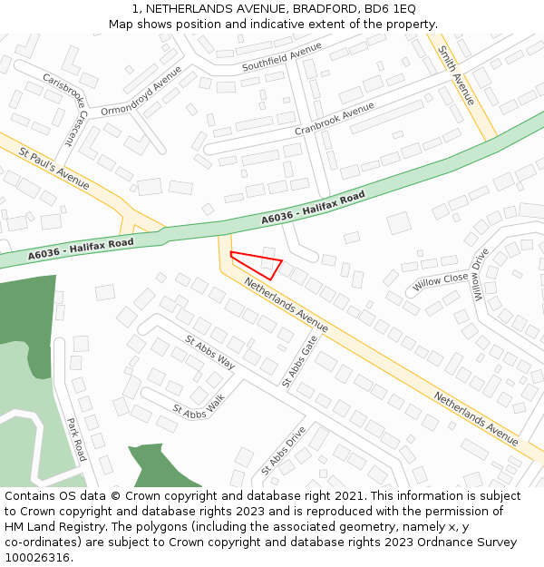 1, NETHERLANDS AVENUE, BRADFORD, BD6 1EQ: Location map and indicative extent of plot