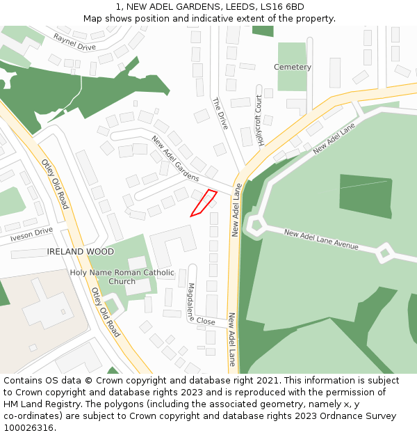 1, NEW ADEL GARDENS, LEEDS, LS16 6BD: Location map and indicative extent of plot