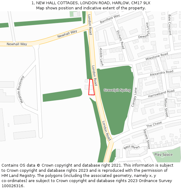1, NEW HALL COTTAGES, LONDON ROAD, HARLOW, CM17 9LX: Location map and indicative extent of plot