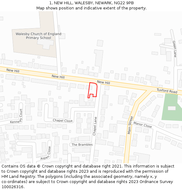 1, NEW HILL, WALESBY, NEWARK, NG22 9PB: Location map and indicative extent of plot