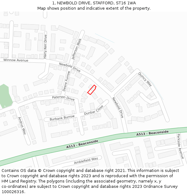 1, NEWBOLD DRIVE, STAFFORD, ST16 1WA: Location map and indicative extent of plot