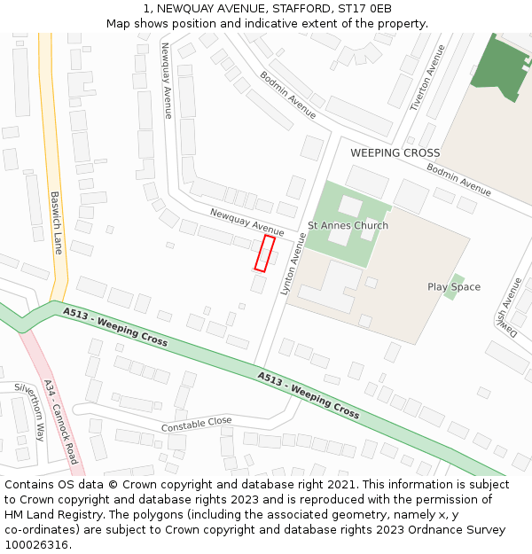 1, NEWQUAY AVENUE, STAFFORD, ST17 0EB: Location map and indicative extent of plot