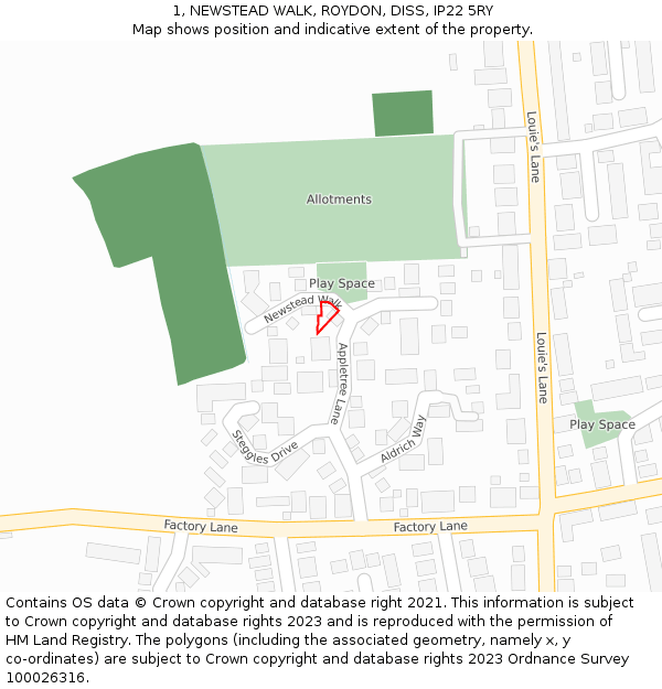1, NEWSTEAD WALK, ROYDON, DISS, IP22 5RY: Location map and indicative extent of plot