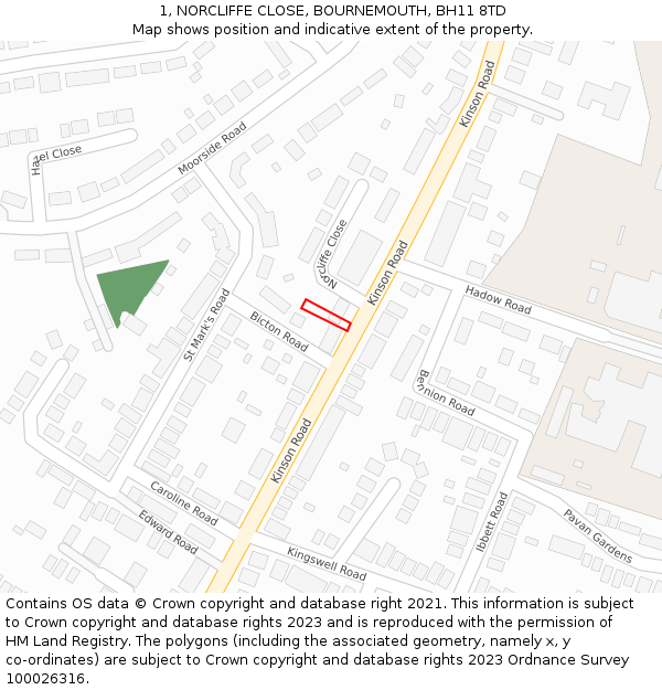 1, NORCLIFFE CLOSE, BOURNEMOUTH, BH11 8TD: Location map and indicative extent of plot