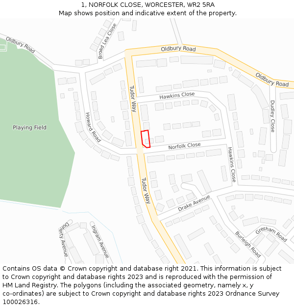 1, NORFOLK CLOSE, WORCESTER, WR2 5RA: Location map and indicative extent of plot