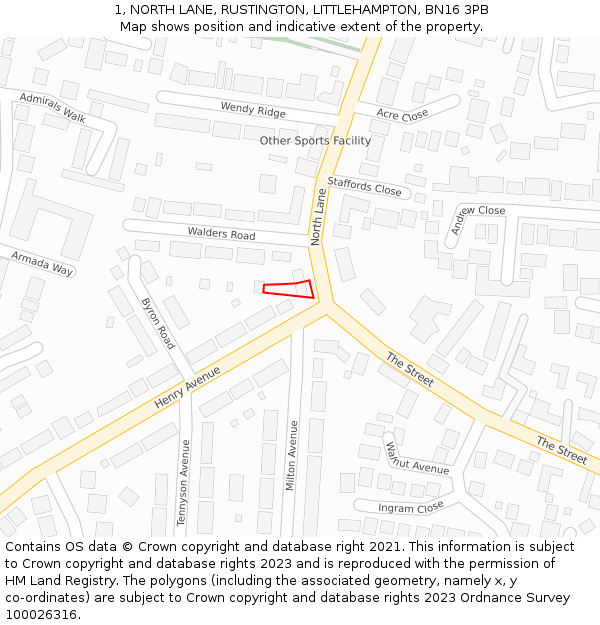 1, NORTH LANE, RUSTINGTON, LITTLEHAMPTON, BN16 3PB: Location map and indicative extent of plot