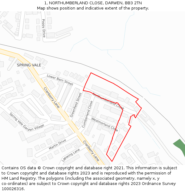 1, NORTHUMBERLAND CLOSE, DARWEN, BB3 2TN: Location map and indicative extent of plot