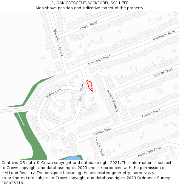 1, OAK CRESCENT, WICKFORD, SS11 7FF: Location map and indicative extent of plot