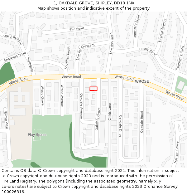 1, OAKDALE GROVE, SHIPLEY, BD18 1NX: Location map and indicative extent of plot