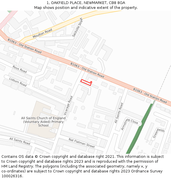 1, OAKFIELD PLACE, NEWMARKET, CB8 8GA: Location map and indicative extent of plot