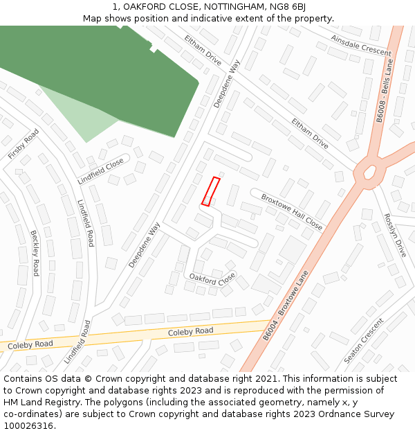 1, OAKFORD CLOSE, NOTTINGHAM, NG8 6BJ: Location map and indicative extent of plot