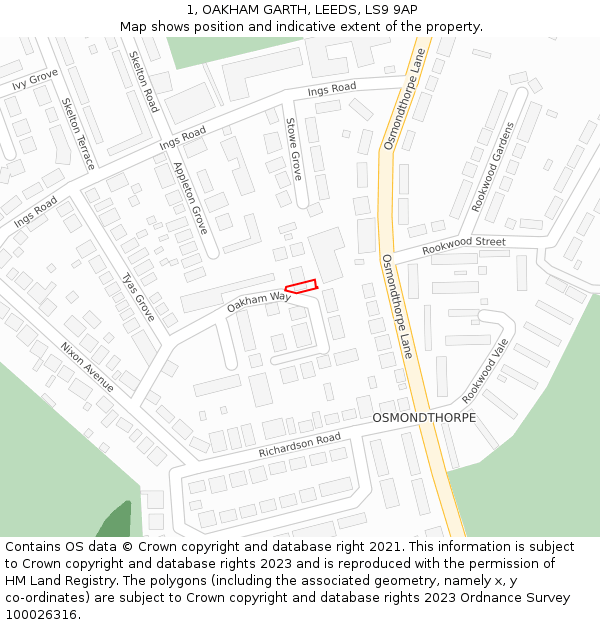 1, OAKHAM GARTH, LEEDS, LS9 9AP: Location map and indicative extent of plot