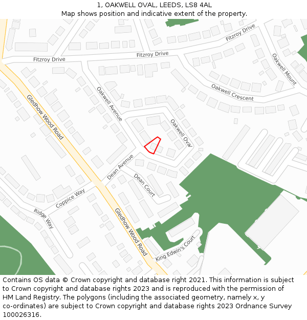 1, OAKWELL OVAL, LEEDS, LS8 4AL: Location map and indicative extent of plot