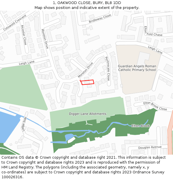 1, OAKWOOD CLOSE, BURY, BL8 1DD: Location map and indicative extent of plot