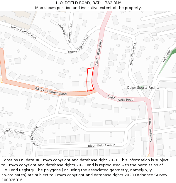 1, OLDFIELD ROAD, BATH, BA2 3NA: Location map and indicative extent of plot