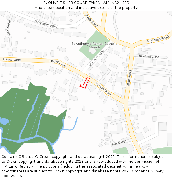 1, OLIVE FISHER COURT, FAKENHAM, NR21 9FD: Location map and indicative extent of plot