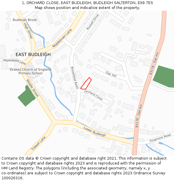 1, ORCHARD CLOSE, EAST BUDLEIGH, BUDLEIGH SALTERTON, EX9 7ES: Location map and indicative extent of plot
