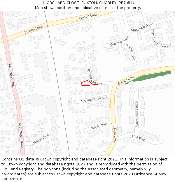 1, ORCHARD CLOSE, EUXTON, CHORLEY, PR7 6LU: Location map and indicative extent of plot