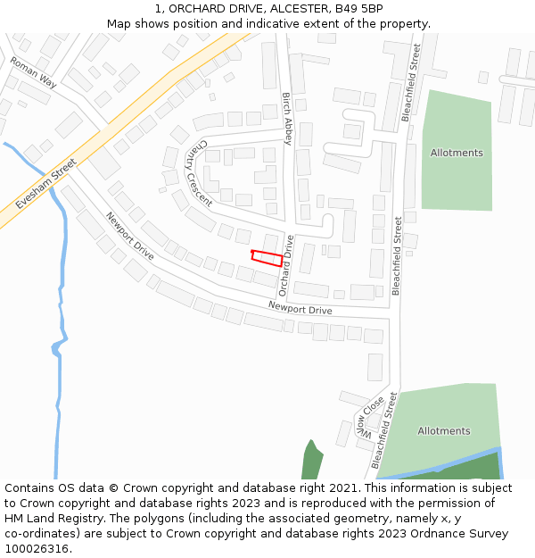 1, ORCHARD DRIVE, ALCESTER, B49 5BP: Location map and indicative extent of plot