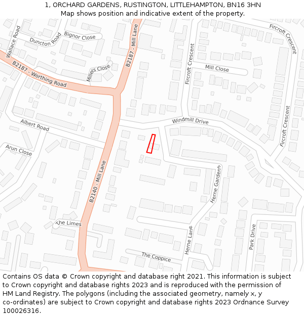 1, ORCHARD GARDENS, RUSTINGTON, LITTLEHAMPTON, BN16 3HN: Location map and indicative extent of plot