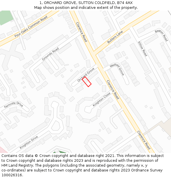 1, ORCHARD GROVE, SUTTON COLDFIELD, B74 4AX: Location map and indicative extent of plot