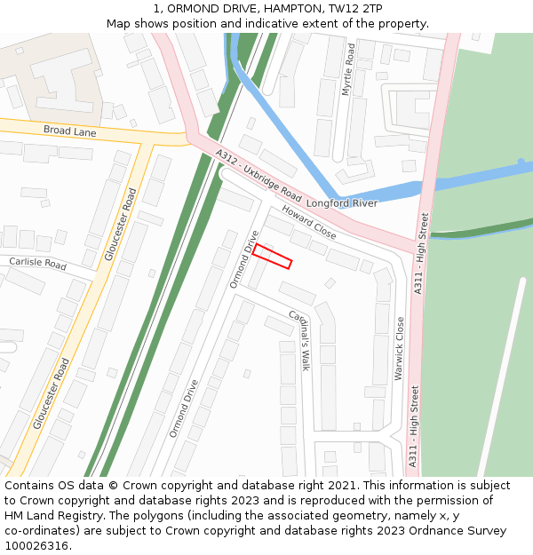 1, ORMOND DRIVE, HAMPTON, TW12 2TP: Location map and indicative extent of plot