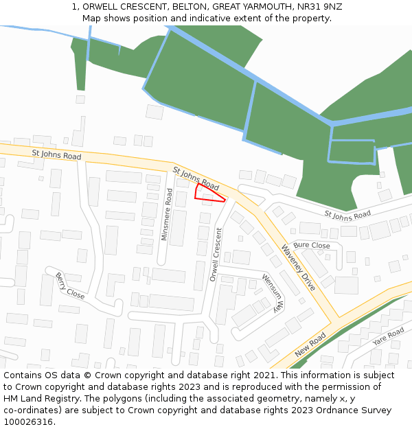 1, ORWELL CRESCENT, BELTON, GREAT YARMOUTH, NR31 9NZ: Location map and indicative extent of plot