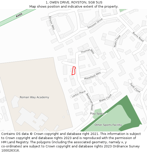 1, OWEN DRIVE, ROYSTON, SG8 5US: Location map and indicative extent of plot