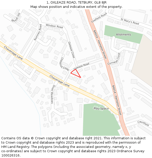 1, OXLEAZE ROAD, TETBURY, GL8 8JR: Location map and indicative extent of plot