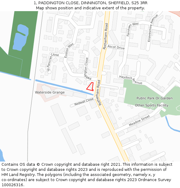 1, PADDINGTON CLOSE, DINNINGTON, SHEFFIELD, S25 3RR: Location map and indicative extent of plot