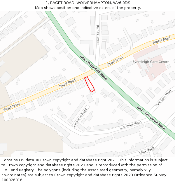 1, PAGET ROAD, WOLVERHAMPTON, WV6 0DS: Location map and indicative extent of plot