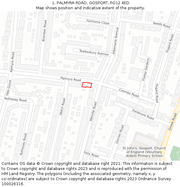1, PALMYRA ROAD, GOSPORT, PO12 4ED: Location map and indicative extent of plot