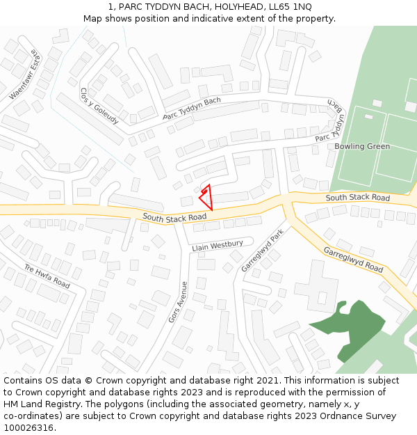 1, PARC TYDDYN BACH, HOLYHEAD, LL65 1NQ: Location map and indicative extent of plot