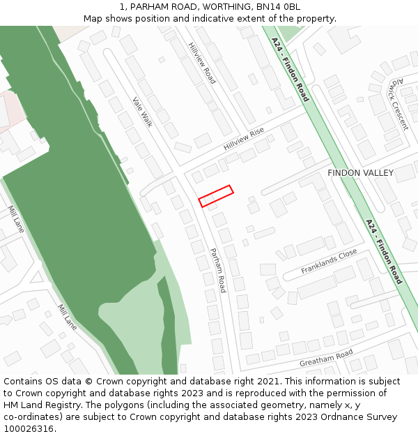 1, PARHAM ROAD, WORTHING, BN14 0BL: Location map and indicative extent of plot