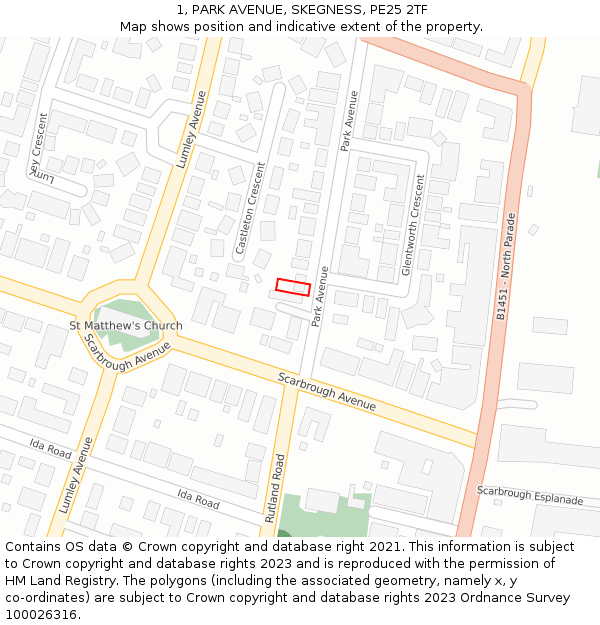 1, PARK AVENUE, SKEGNESS, PE25 2TF: Location map and indicative extent of plot