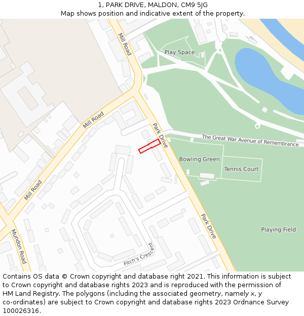 1, PARK DRIVE, MALDON, CM9 5JG: Location map and indicative extent of plot