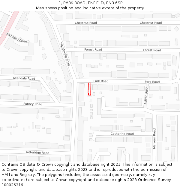 1, PARK ROAD, ENFIELD, EN3 6SP: Location map and indicative extent of plot