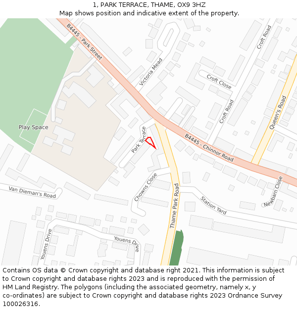 1, PARK TERRACE, THAME, OX9 3HZ: Location map and indicative extent of plot