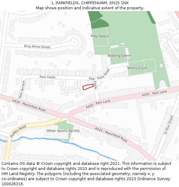 1, PARKFIELDS, CHIPPENHAM, SN15 1NX: Location map and indicative extent of plot