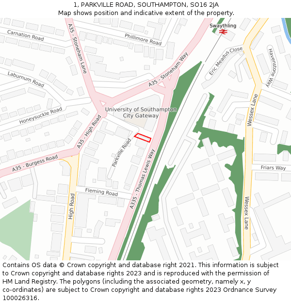 1, PARKVILLE ROAD, SOUTHAMPTON, SO16 2JA: Location map and indicative extent of plot
