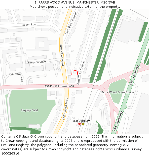 1, PARRS WOOD AVENUE, MANCHESTER, M20 5WB: Location map and indicative extent of plot